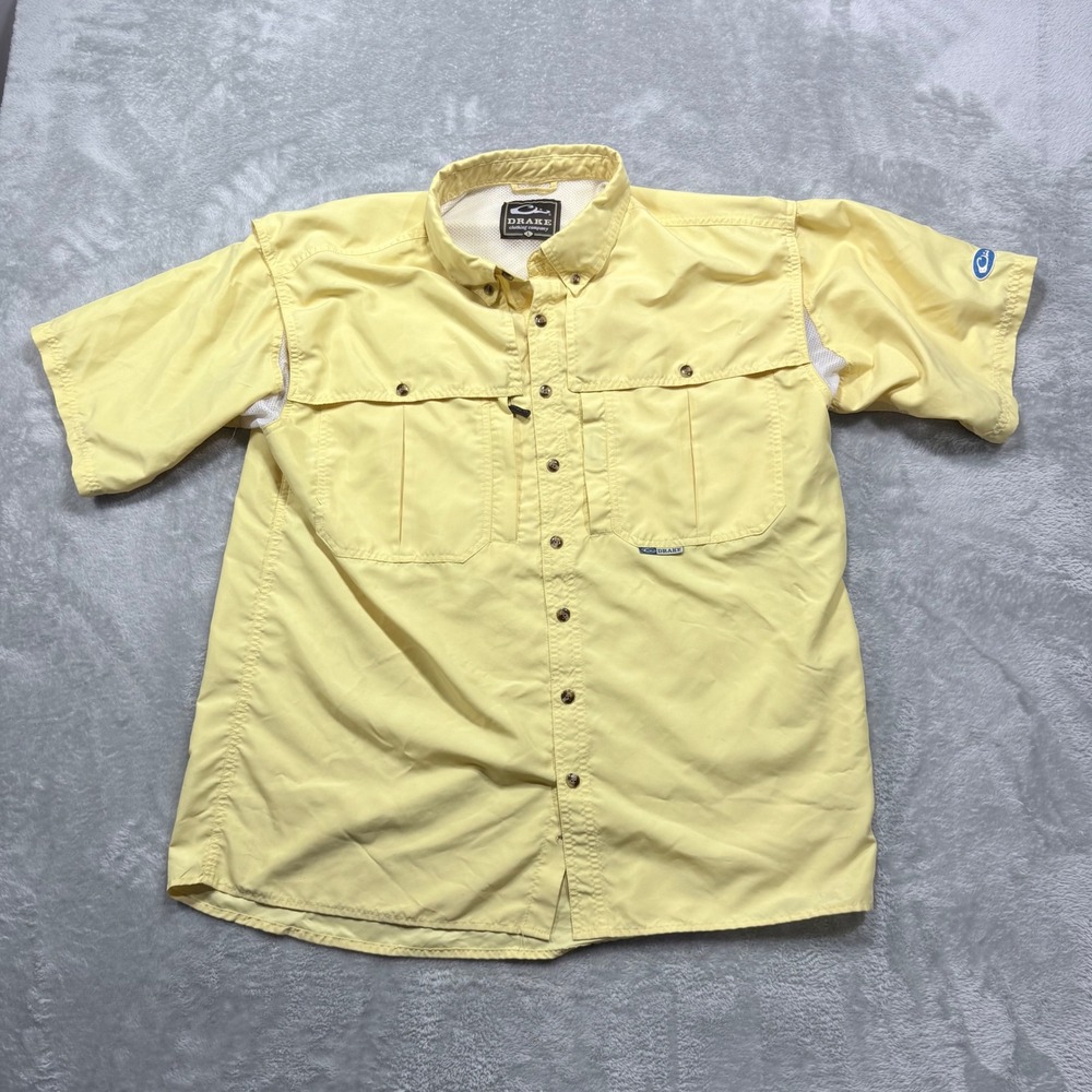 Drake Waterfowl Fishing Shirt Mens Large Yellow Short Sleeve Vented Performance